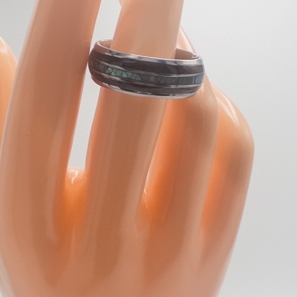 Mens Tungsten Carbide Ring With Wood & Opal Inlay Durable & Stylish Design - Picture 12 of 14